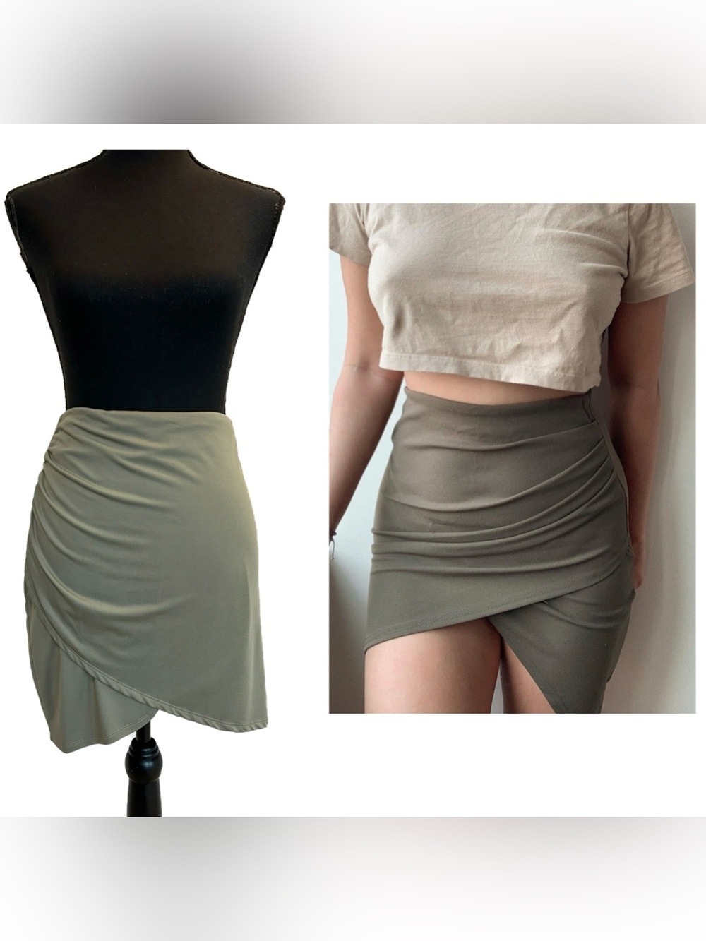 Olive Sage green ruched asymmetrical Wrap Mini Skirt Sz XL
